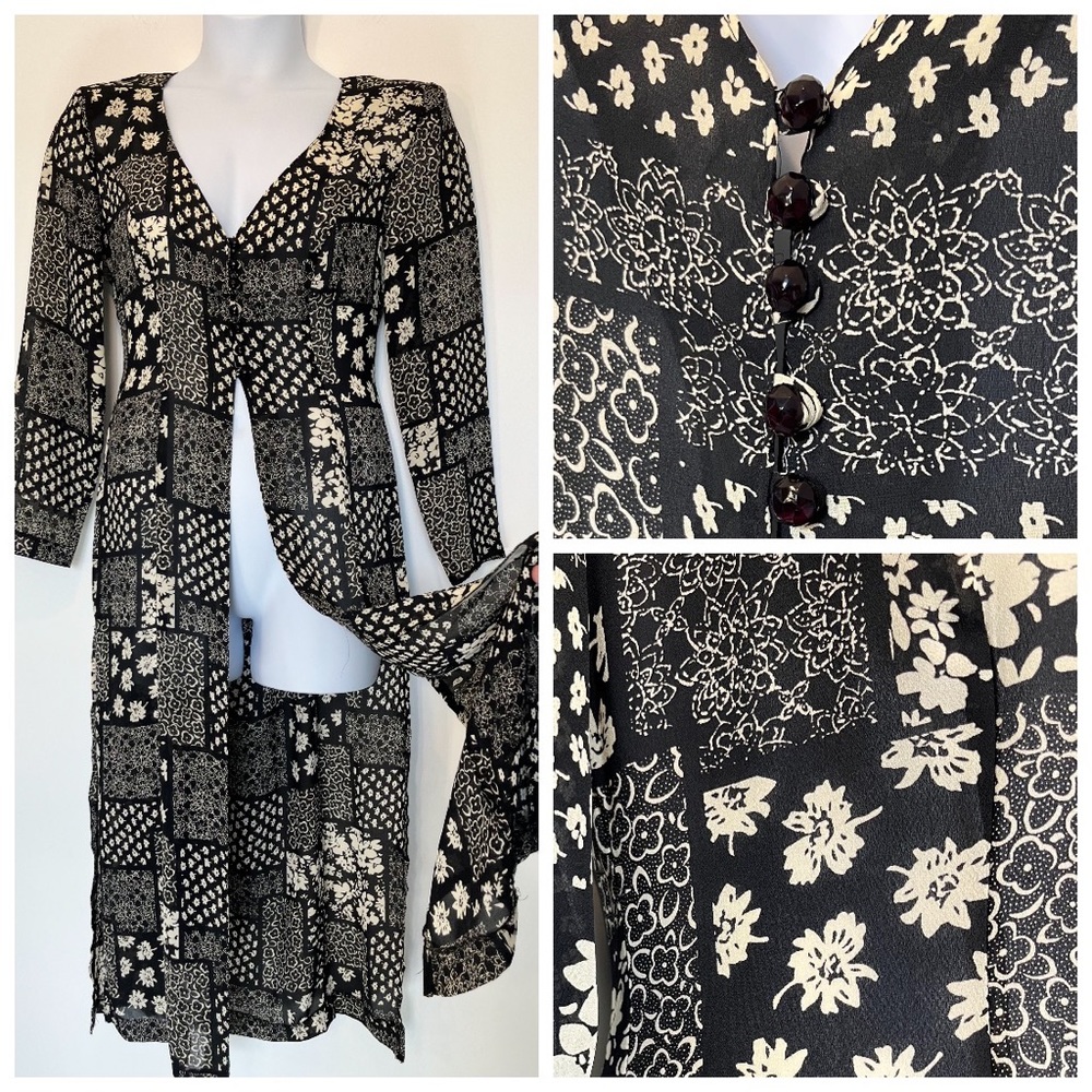 Vintage Flowy Duster Button Front Patchwork Floral Maxi Blouse Black & White